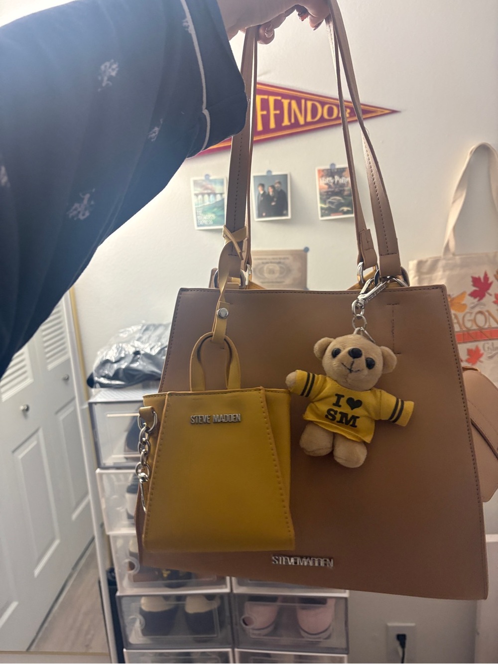 Steve Madden Tan Tote with Yellow Mini Pouch and Bear Charm